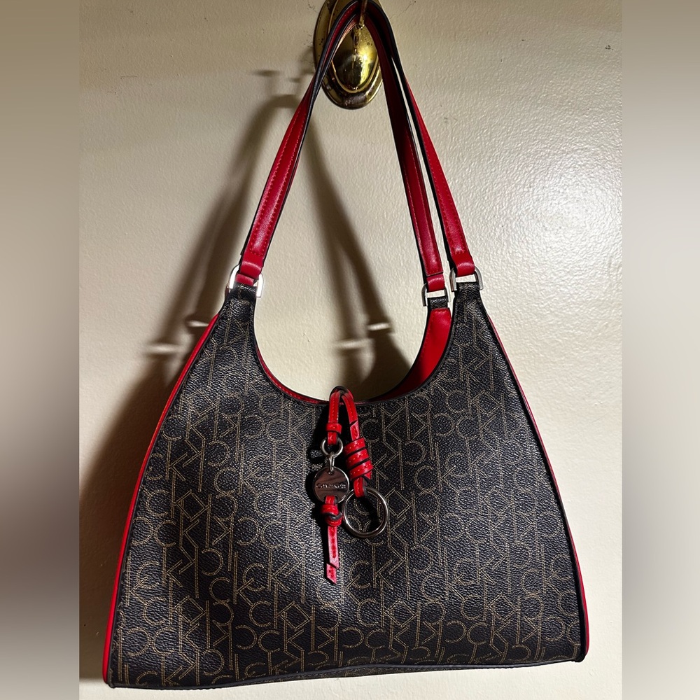 Calvin Klein Red Monogram Shoulder Bag With Charms Logo Handbag Purse